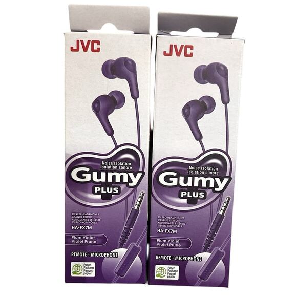 JVC Gumy Plus Stereo Headphones Earbuds Noise Isolation Purple w/ Remote Mic x2 - Picture 1 of 5